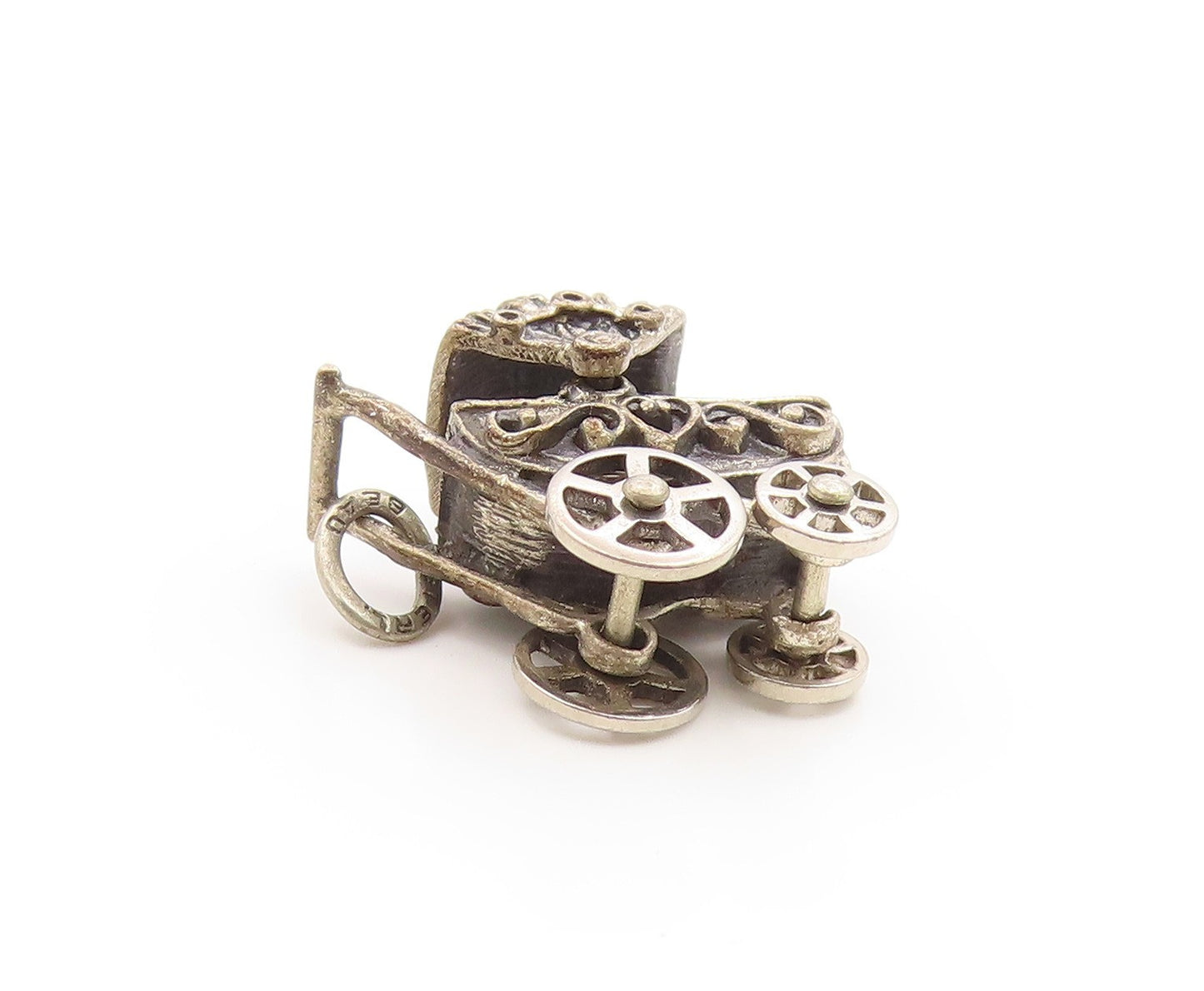 925 Sterling Silver Vintage Pendant BEAU 3D Baby Stroller Charm MOVES  PT26269