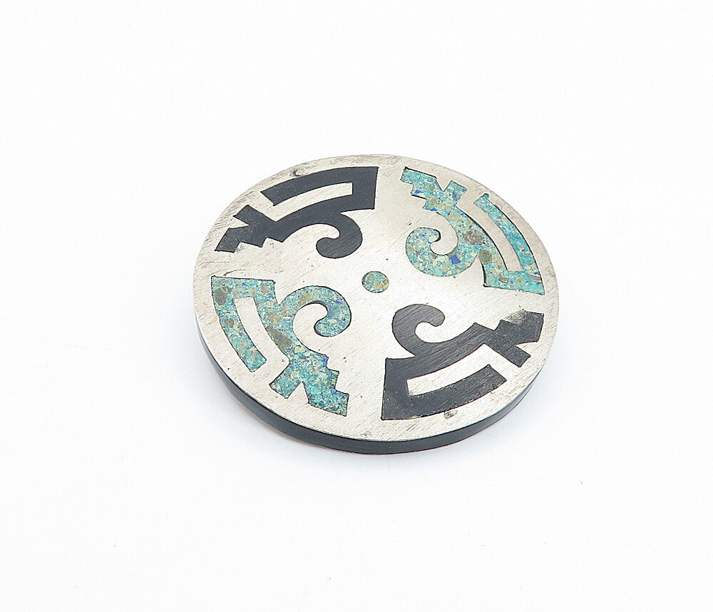 TAXCO MEXICO 925 Silver  Vintage Turquoise & Onyx Inlay Brooch Pin  BP1352