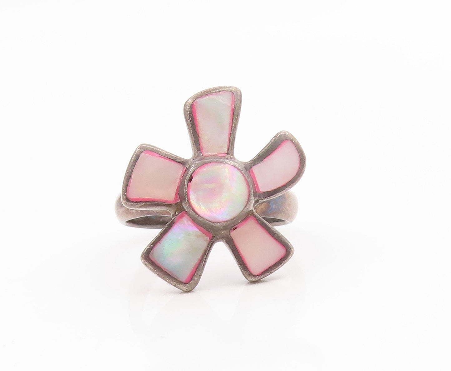 925 Sterling Silver Vintage Ring Classic Mother Of Pearl Flower  Sz 8  RG35844