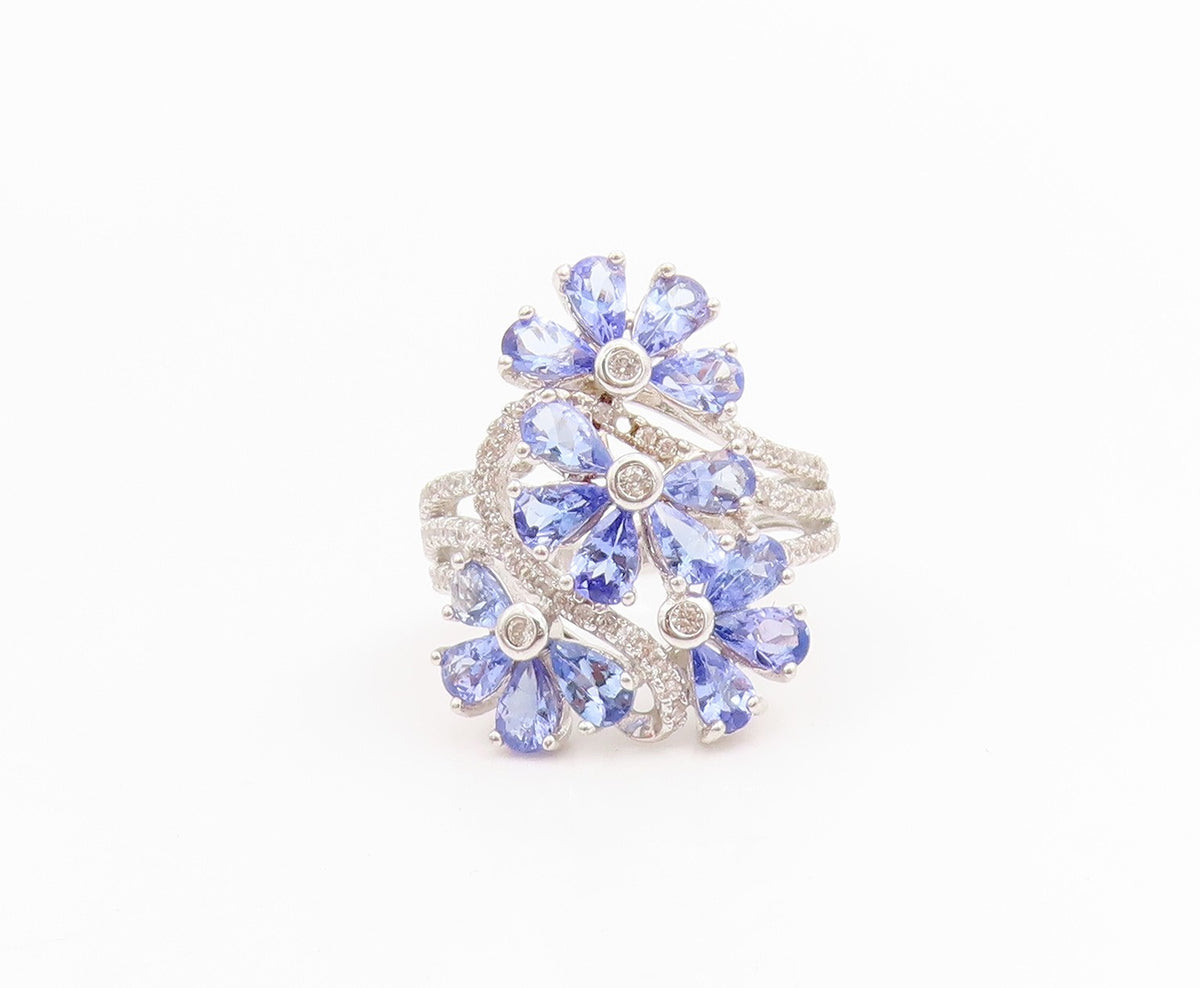 925 Sterling Silver Vintage Ring Tanzanite & CZ Floral Design Band Sz 7 RG33882