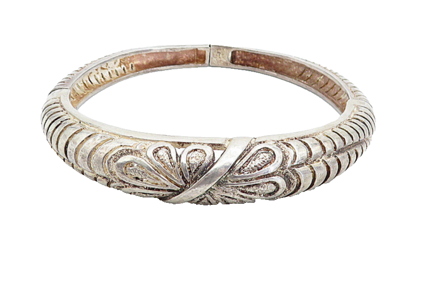 925 Sterling Silver  Vintage Floral Cutout Round Hinge Bangle Bracelet  BT1568