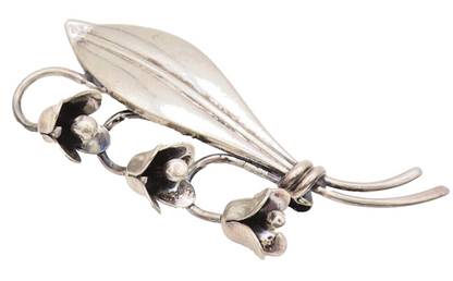 925 Sterling Silver Vintage Brooch Pin DENMARK Leaf Drop Three Flowers  BP10566