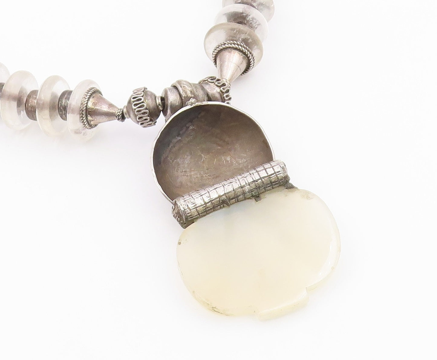 Vintage Silver Necklace Etched Goddess Glass & Bead Heavy Viking  NE3890