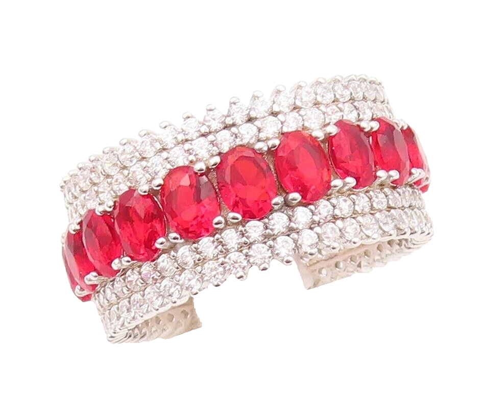 925 Sterling Silver Vintage Ring Oval Cut Red & White CZ 360 Band  Sz 7  RG30499