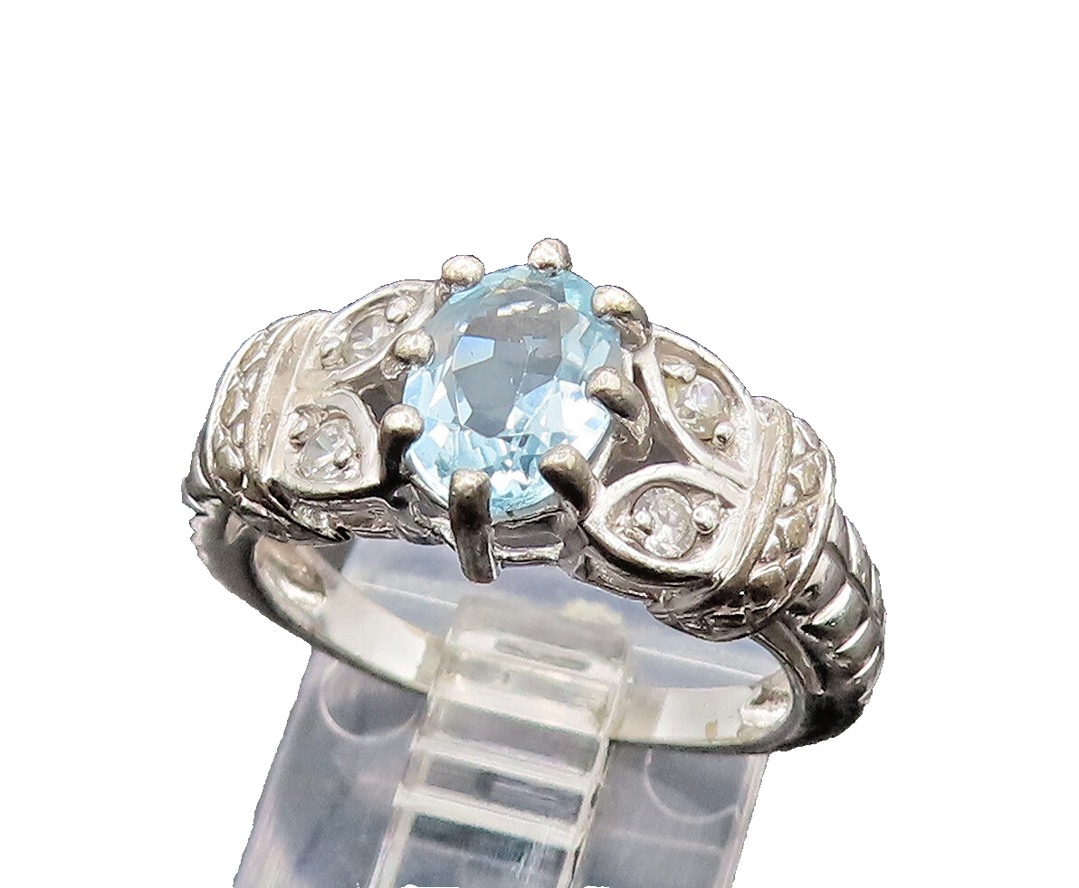 925 Silver  Vintage Fancy Blue & White Topaz Leaf Shank Ring Sz 6.75  RG26281