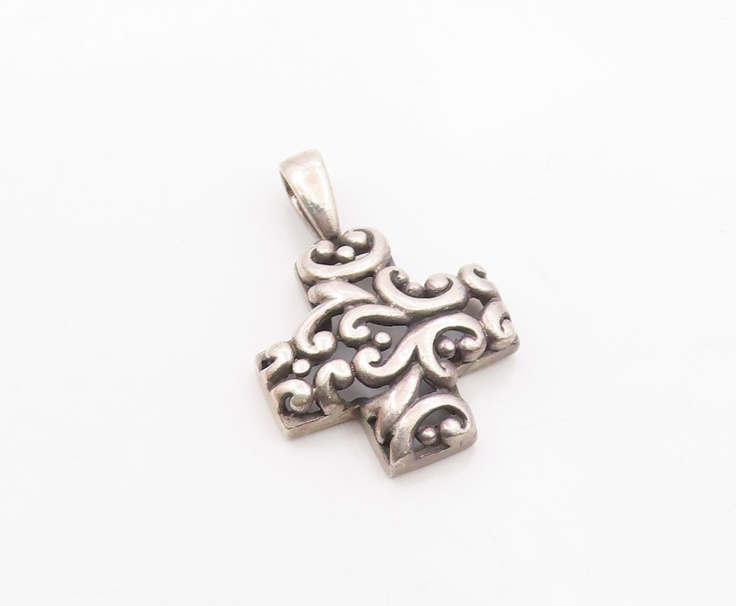 925 Sterling Silver  Vintage Shiny Heart Swirl Pattern Cross Pendant  PT19290