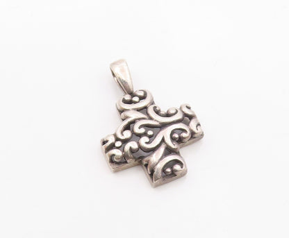 925 Sterling Silver  Vintage Shiny Heart Swirl Pattern Cross Pendant  PT19290
