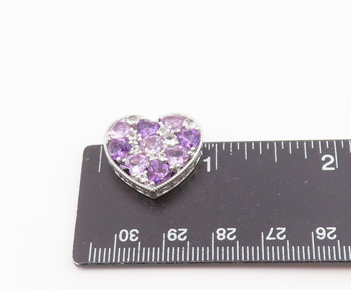 925 Sterling Silver Vintage Pendant Amethyst & Topaz Love Heart Cluster  PT26481