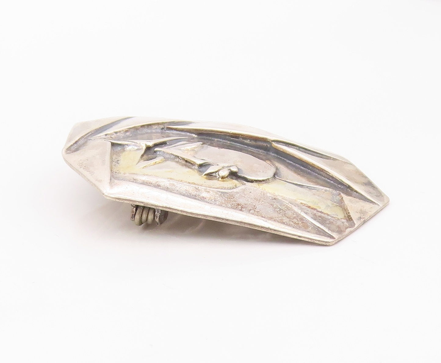 925 Sterling Silver Vintage Brooch Pin Geometric Duo Portrait Embrace  BP12558