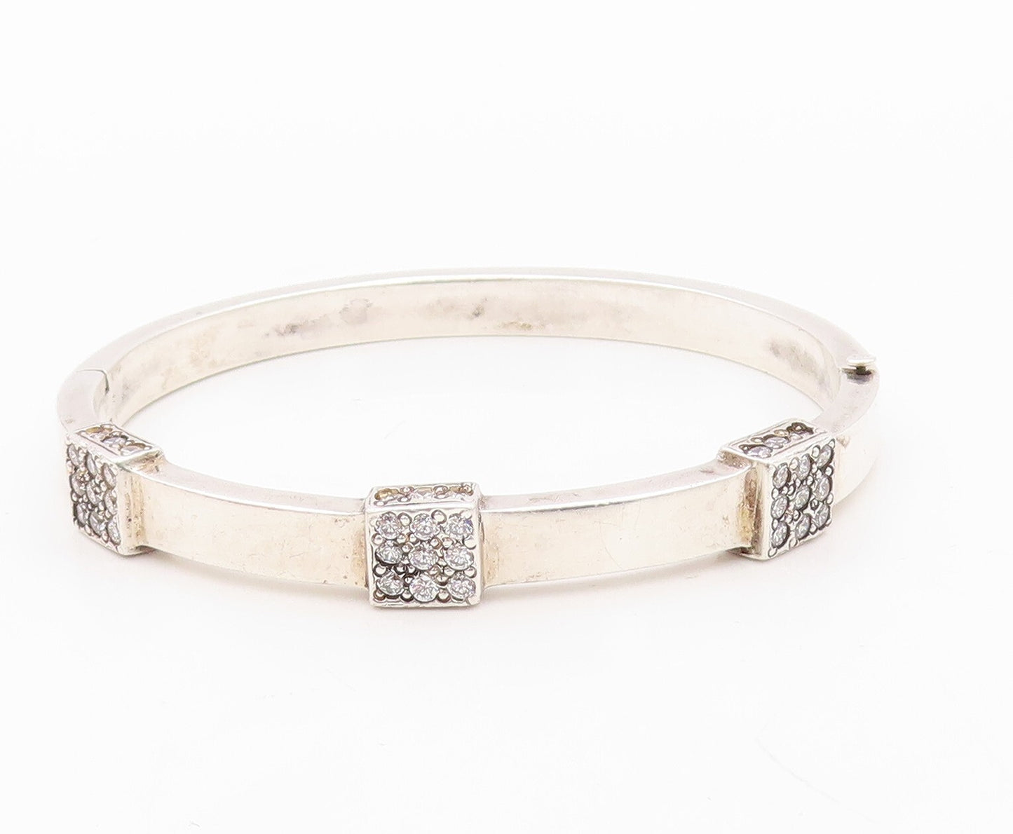 925 Sterling Silver Vintage Bracelet Hinged Bangle Topaz Square Inlay  BT10812
