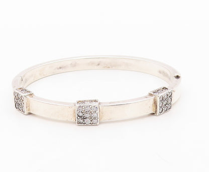 925 Sterling Silver Vintage Bracelet Hinged Bangle Topaz Square Inlay  BT10812