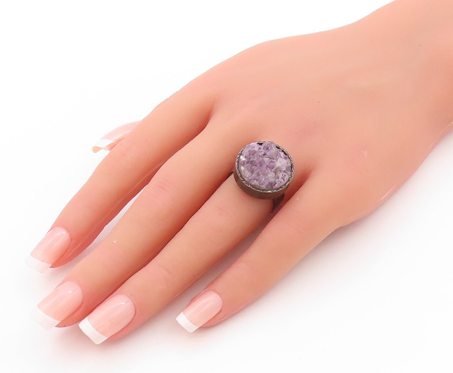 925 Sterling Silver Vintage Ring Dark Tone Round Rough Amethyst  Sz 7  RG32737