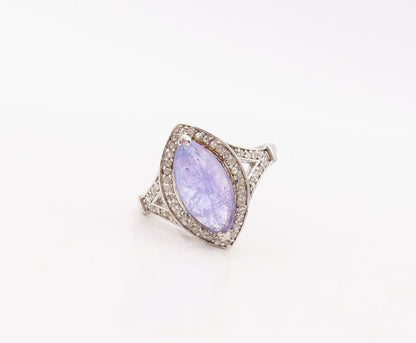 925 Sterling Silver Vintage Ring Diamonds & Marquise Cut Tanzanite  Sz 8 RG30283