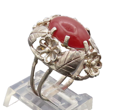 ISRAEL 925 Silver  Vintage Cutout Floral Carved Carnelian Ring Sz 6.5  RG27397