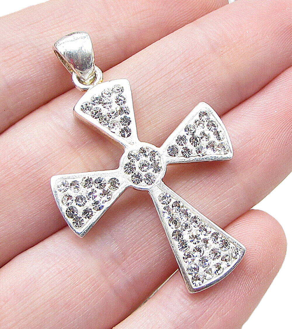925 Sterling Silver  White Crystals Religious Cross Drop Pendant  PT1430