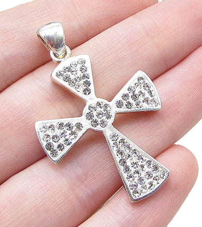 925 Sterling Silver  White Crystals Religious Cross Drop Pendant  PT1430
