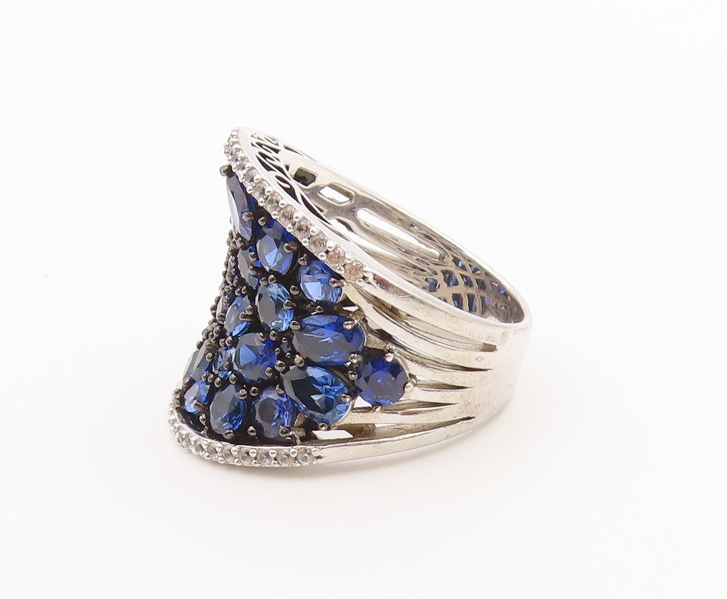 925 Sterling Silver Vintage Ring Sapphire Wide Cluster Band  Sz 12.5  RG36464