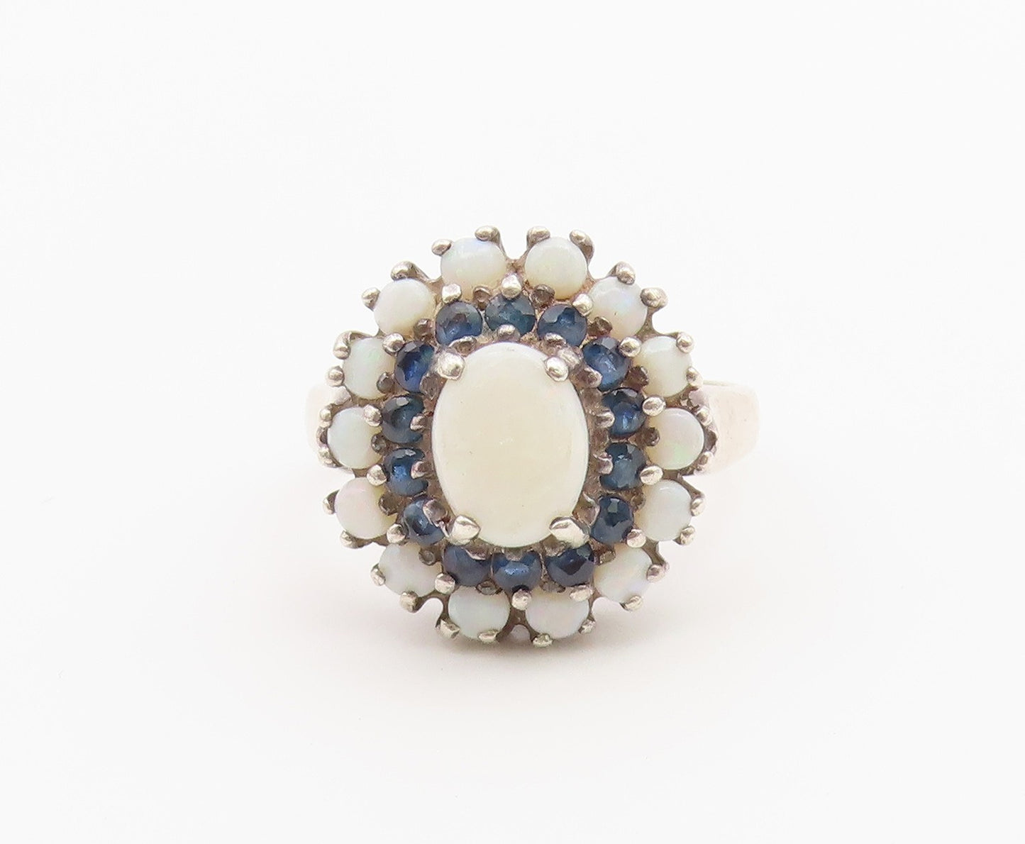 925 Sterling Silver Vintage Ring Opal & Sapphire Floral Cluster  Sz 7  RG36814