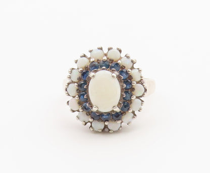 925 Sterling Silver Vintage Ring Opal & Sapphire Floral Cluster  Sz 7  RG36814