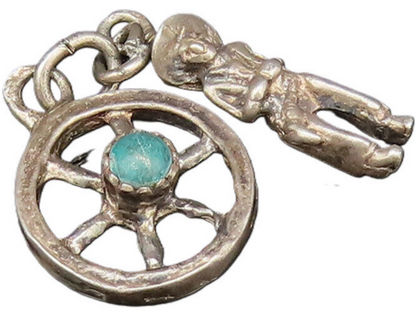 925 Sterling Silver  Vintage Cowboy & Turquoise Wheel Charm Pendant  PT21606