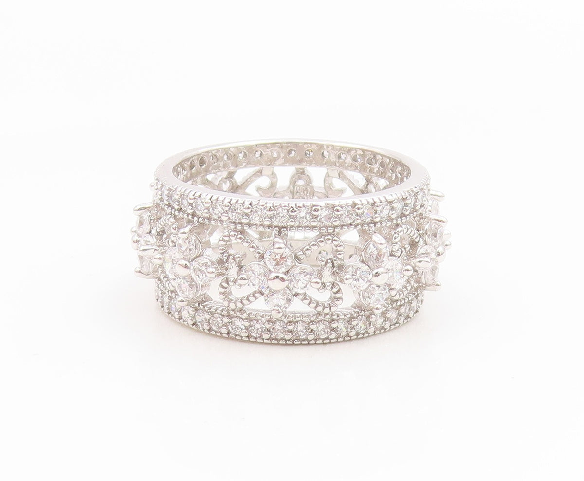 925 Sterling Silver Vintage Ring CZ Floral Openwork Eternity Band  Sz 8  RG35194