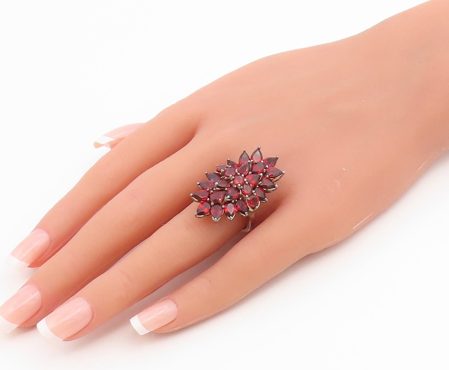 925 Sterling Silver Vintage Ring Garnet Cluster Statement Band  Sz 8  RG36756