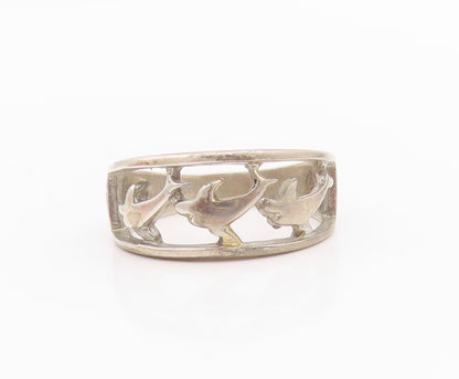 925 Sterling Silver Vintage Ring Cutout Diving Dolphins  Sz 8  RG33259