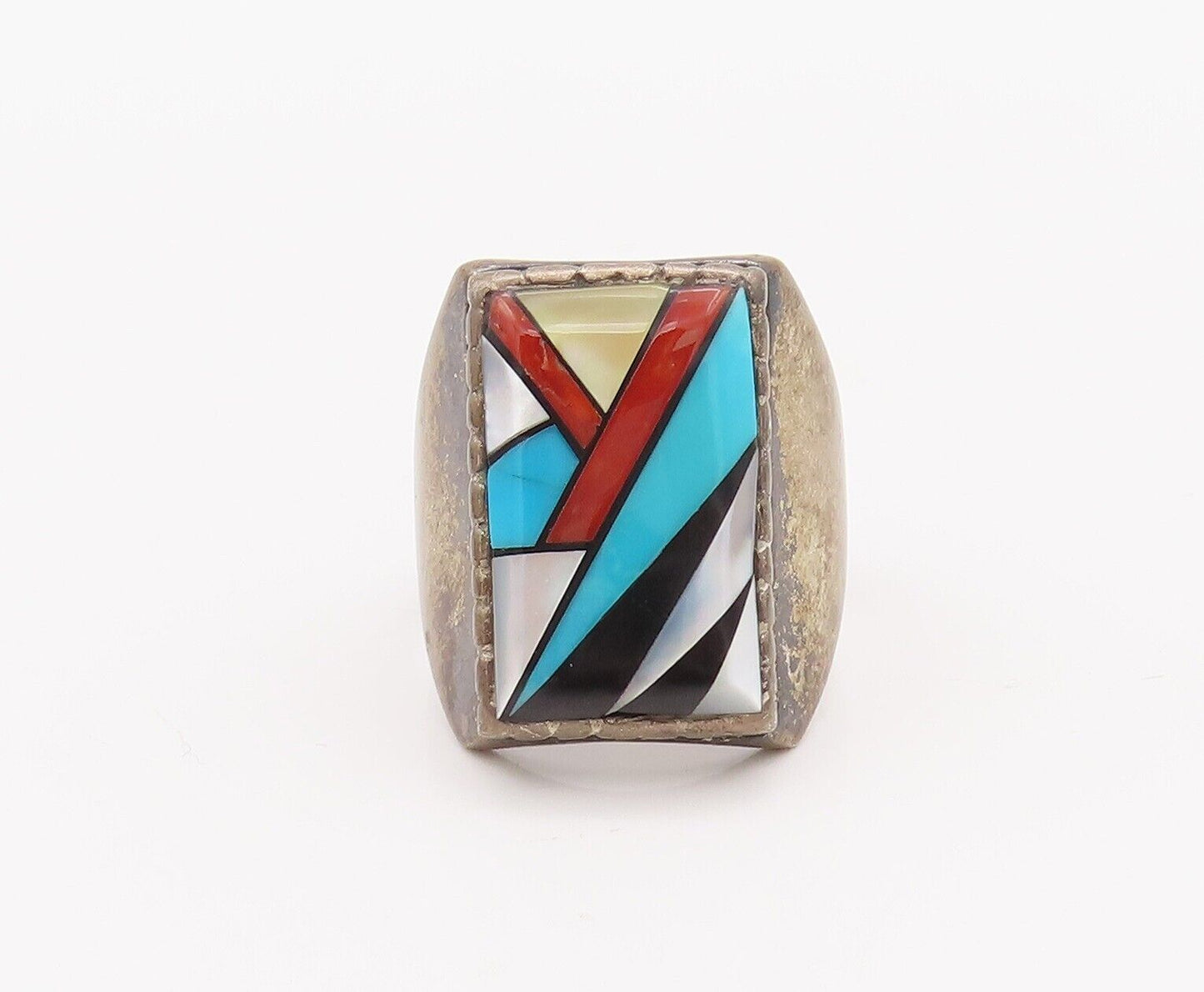 925 Sterling Silver Vintage Ring NAVAJO Multiple Gemstones Inlay Sz 9.5  RG28227