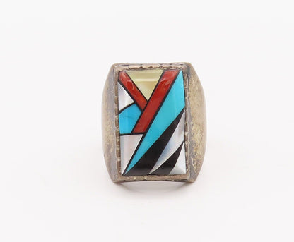 925 Sterling Silver Vintage Ring NAVAJO Multiple Gemstones Inlay Sz 9.5  RG28227