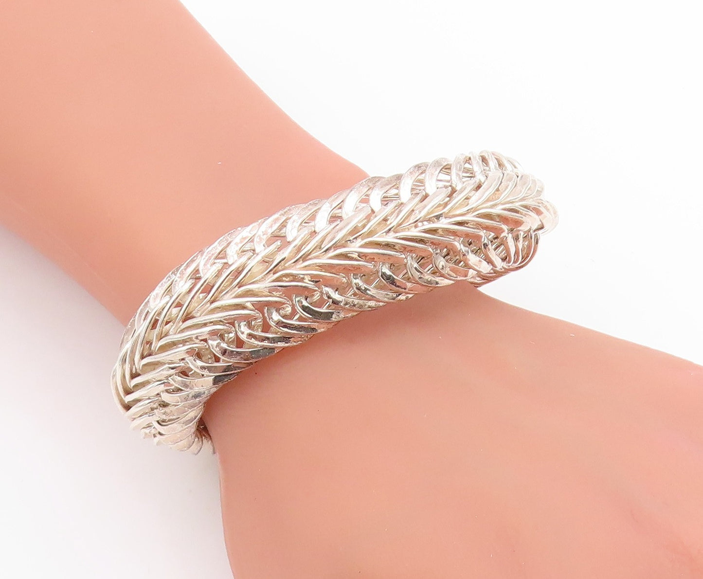 925 Sterling Silver Vintage Bracelet Braided Double Loop Foxtail Chain  BT11431