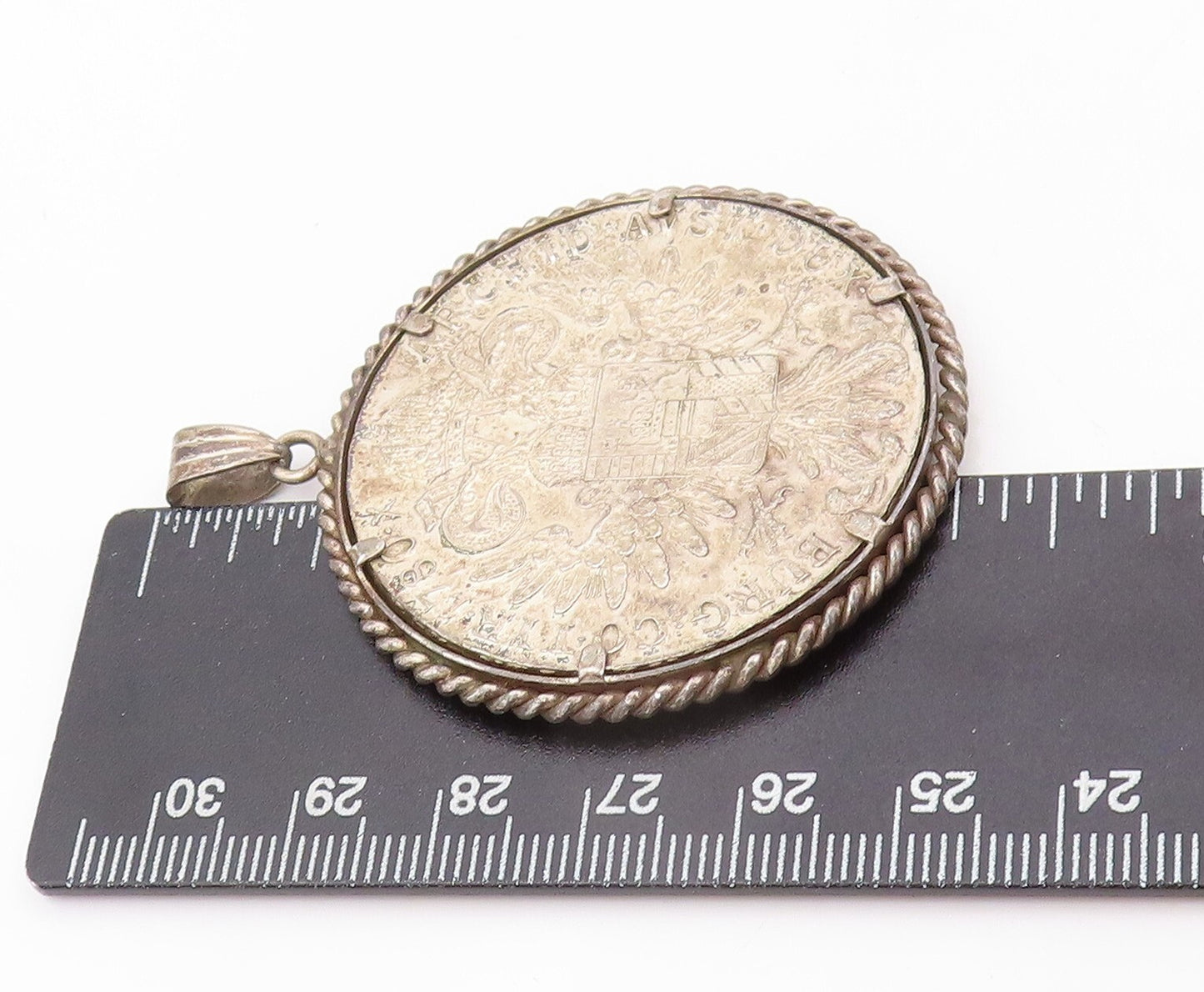 925 Sterling Silver Vintage Pendant Antique Large Dark Tone Carved Medal PT23922