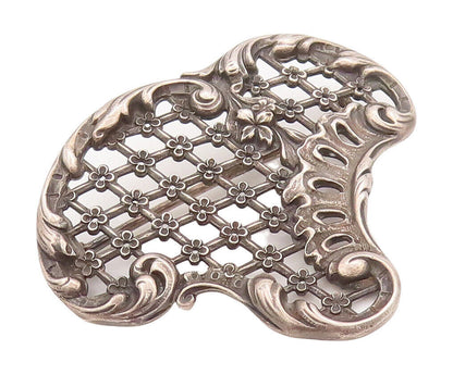 925 Sterling Silver Vintage Brooch Pin Antique Swirly Floral Net Cutout  BP10878