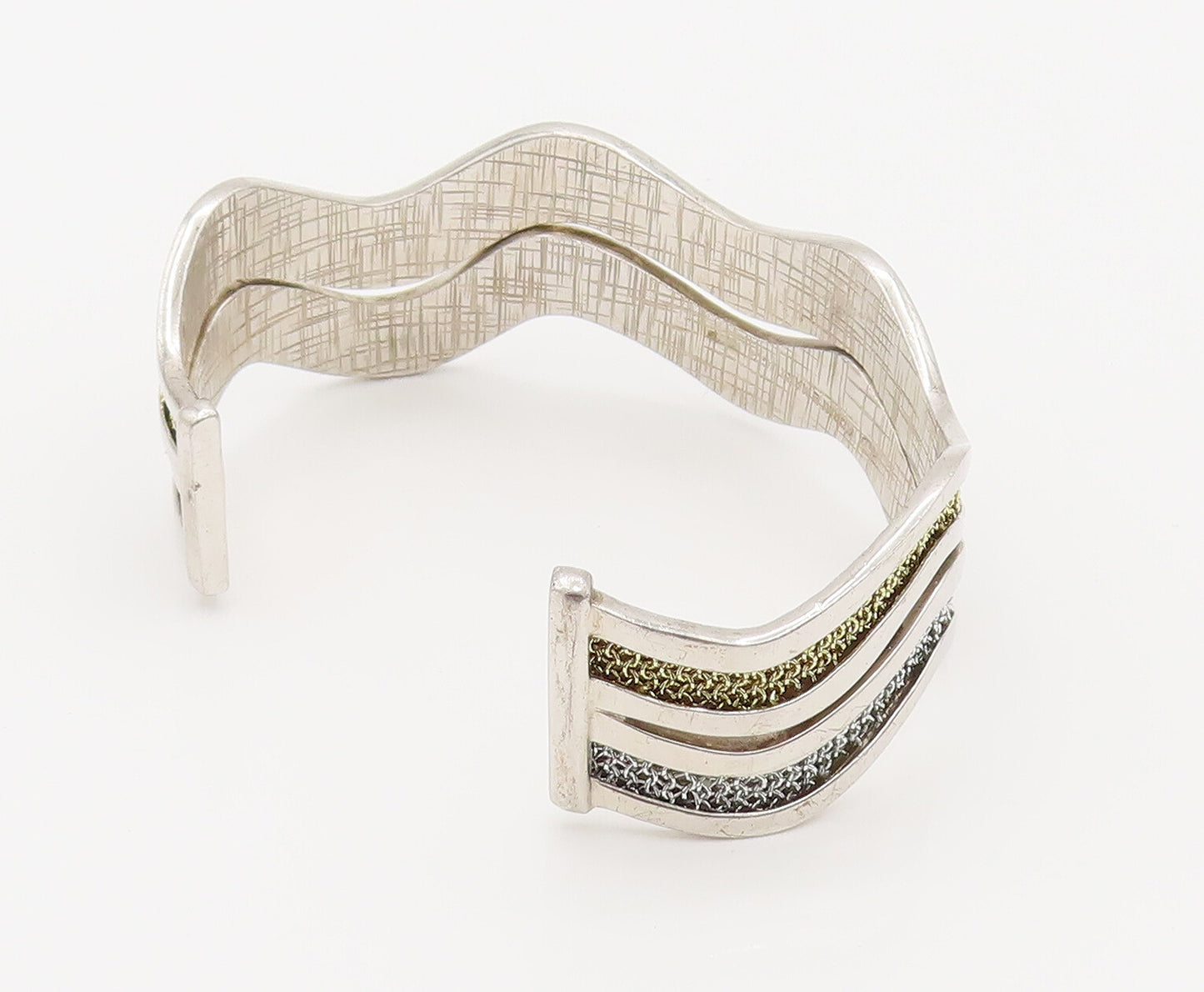 ADAMI & MARTUCCI 925 Silver  Vintage Two Tone Mesh Wavy Cuff Bracelet  BT9791