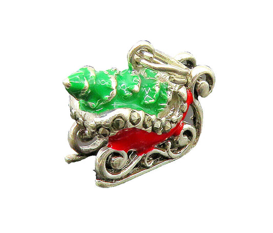 925 Silver  Vintage Marcasite & Enamel Christmas Tree Sleigh Pendant  PT18988