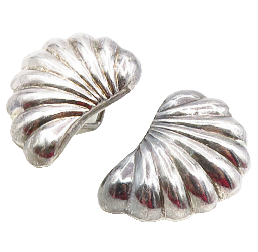 925 Sterling Silver  Vintage Shiny Scalloped Non Pierce Drop Earrings  EG4730