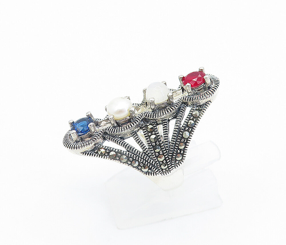 925 Silver  Vintage Pearl Moonstone & Topaz Split Cocktail Ring Sz 6  RG8127