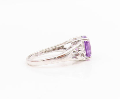 925 Sterling Silver Vintage Ring Square Shape Amethyst Floral Band Sz 5 RG33790