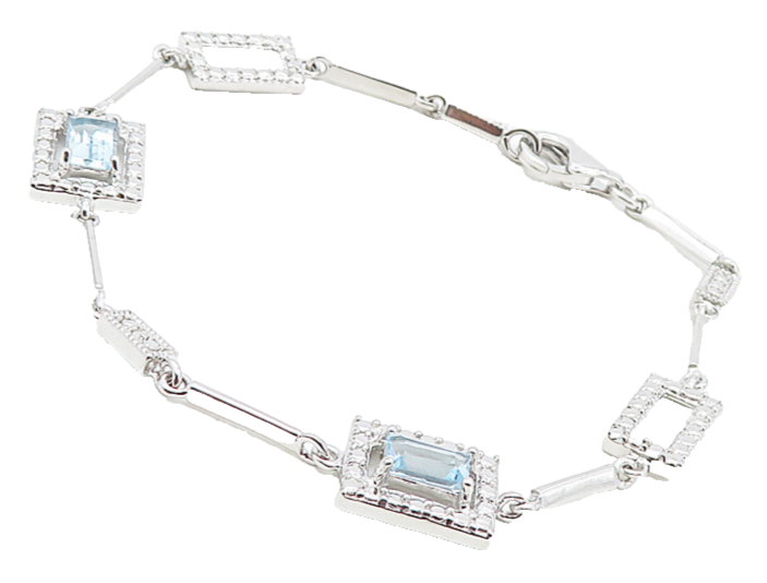 925 Sterling Silver  Blue Topaz Shiny Square Link Chain Bracelet  BT3817
