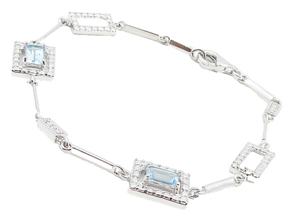 925 Sterling Silver  Blue Topaz Shiny Square Link Chain Bracelet  BT3817
