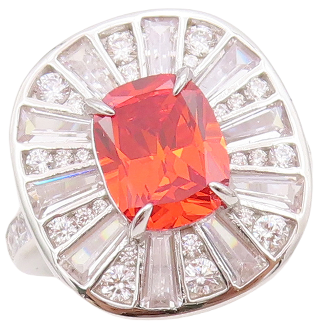 925 Sterling Silver Vintage Ring Rectangle Orange Halo White CZ Sz 7.5  RG30707