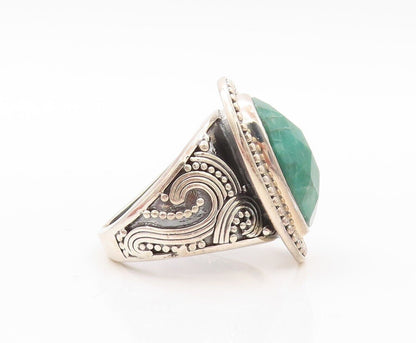 925 Sterling Silver Vintage Ring Oval Green Gemstone Halo Beaded  Sz 5.5 RG30219