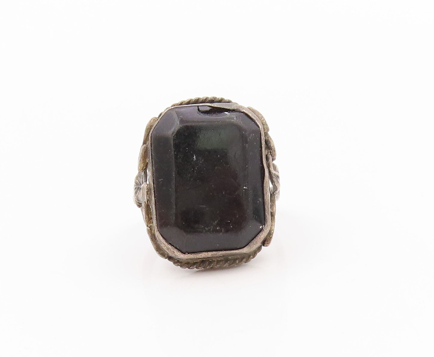 925 Sterling Silver Vintage Ring Antique Dark Tone Carved Onyx  Sz 6  RG31820