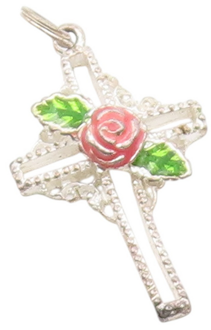 925 Sterling Silver  Vintage Rose Flower Religious Cross Pendant  PT19455