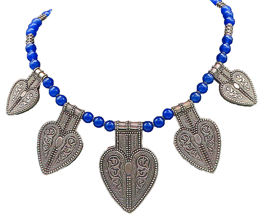 URARTU 925 Silver  Vintage Floral Love Heart Blue Stone Beaded Necklace NE3263
