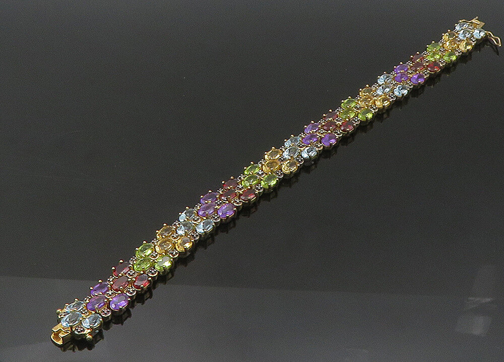 925 Sterling Silver Vintage Amethyst Citrine & Multi Stone Chain Bracelet BT8734
