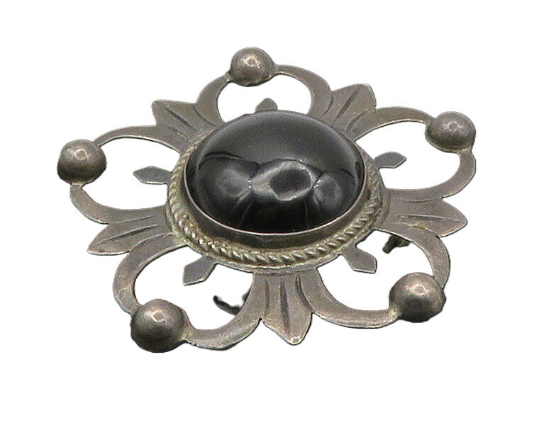 MEXICO 925 Silver  Vintage Antique Black Onyx Flower Motif Brooch Pin  BP6663