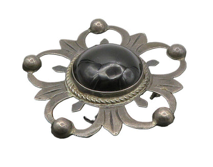 MEXICO 925 Silver  Vintage Antique Black Onyx Flower Motif Brooch Pin  BP6663