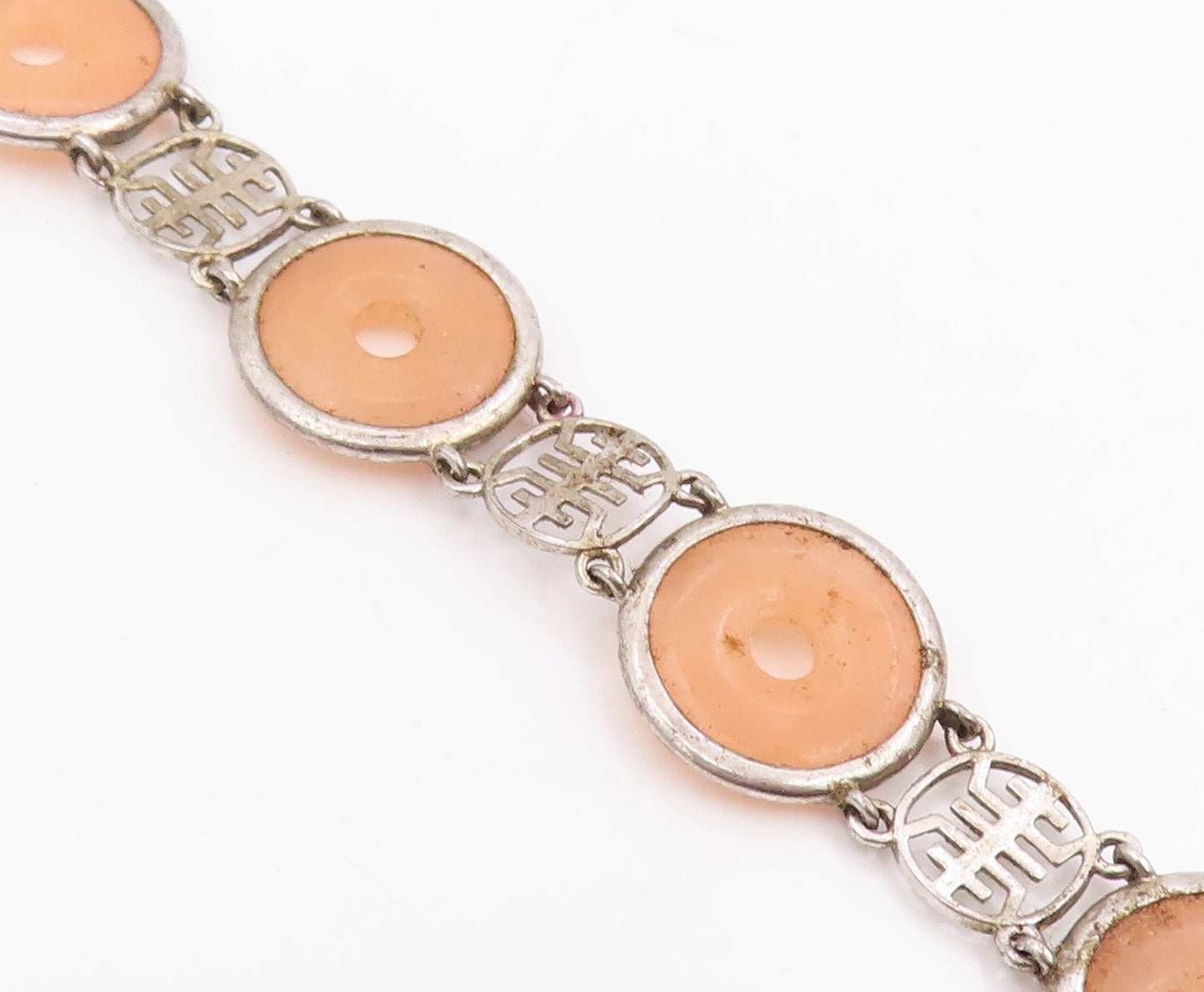 925 Sterling Silver Vintage Bracelet Peach Gemstone Classic Circle Link  BT11982