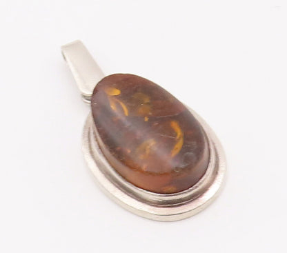 925 Sterling Silver Vintage Pendant POLAND Designer Oval Honey Amber  PT22576