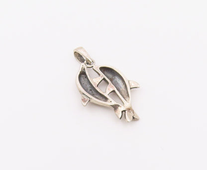 925 Sterling Silver  Vintage Diamond Cut Detail Dolphins Pendant  PT16503